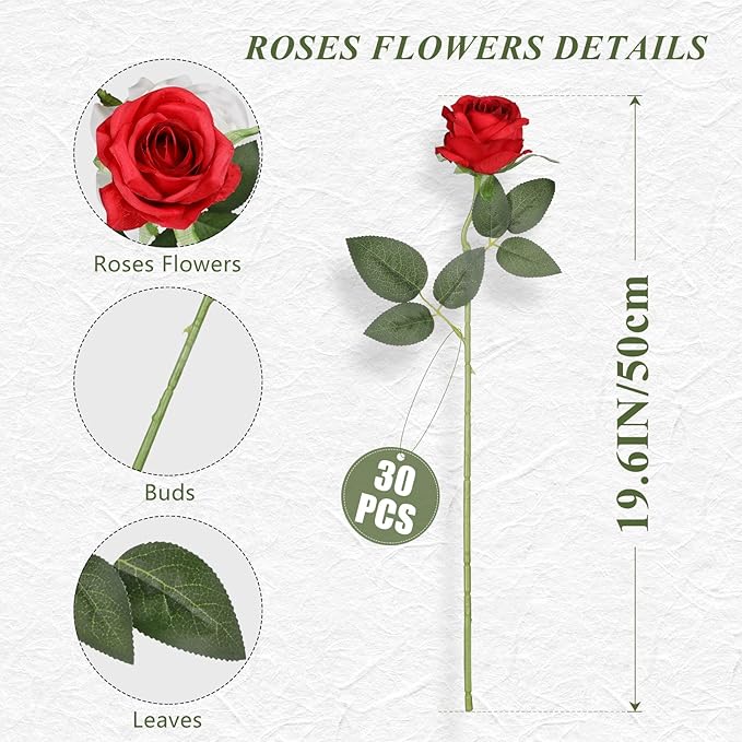 JUSTOYOU 30PCS Artificial Roses Silk Flowers in Bulk, Realistic Red Fake Roses for Wedding Decorations, Home Decor, Centerpieces, Indoor Floral Arrangements