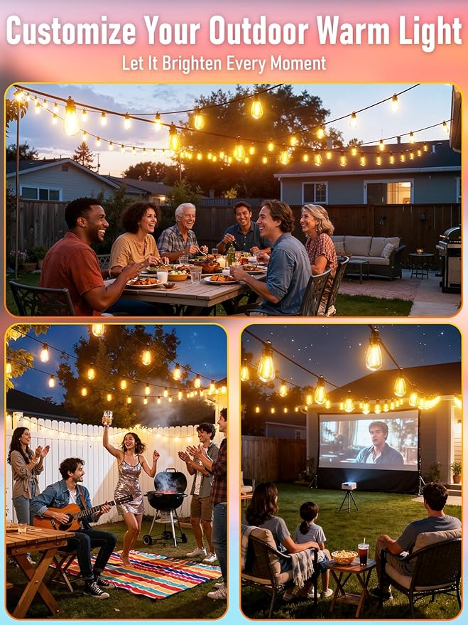 60FT LED Outdoor String Lights with 16+1 Edison Shatterproof IP65 Waterproof Bulbs, 2700K Dimmable Commercial Grade Patio Lights for Garden, Porch, Deck Decor