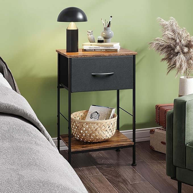 WLIVE Nightstand, End Table with Fabric Storage Drawer and Open Wood Shelf, Bedside Furniture with Steel Frame, Side Table for Bedroom, Dorm, Easy Assembly, Black and Rustic Brown, 25.0" Height
