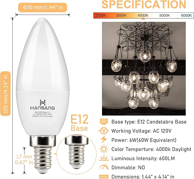 hansang E12 Candelabra LED Bulbs 4000K Daylight Ceiling Fan Light Bulb 6W, 60W Equivalent, Type B Light Bulb for Chandelier, C37 600LM,No-Dimmable 6 Pack