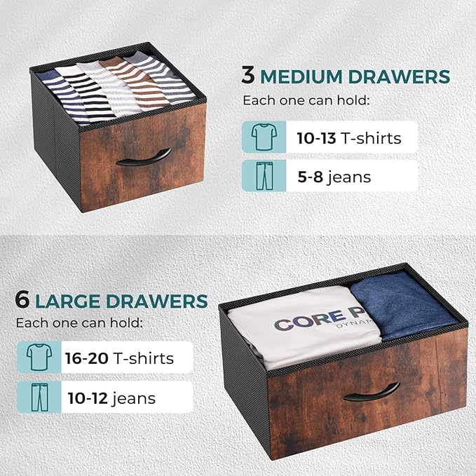 OLIXIS Dresser for Bedroom, 9 Storage Drawers, Tall Large Fabric Storage Tower Organizer, Chest of Drawers with Metal Frame Wooden Top for Nursery, Closet, Living Room, Entryway, Classic Rust Brown