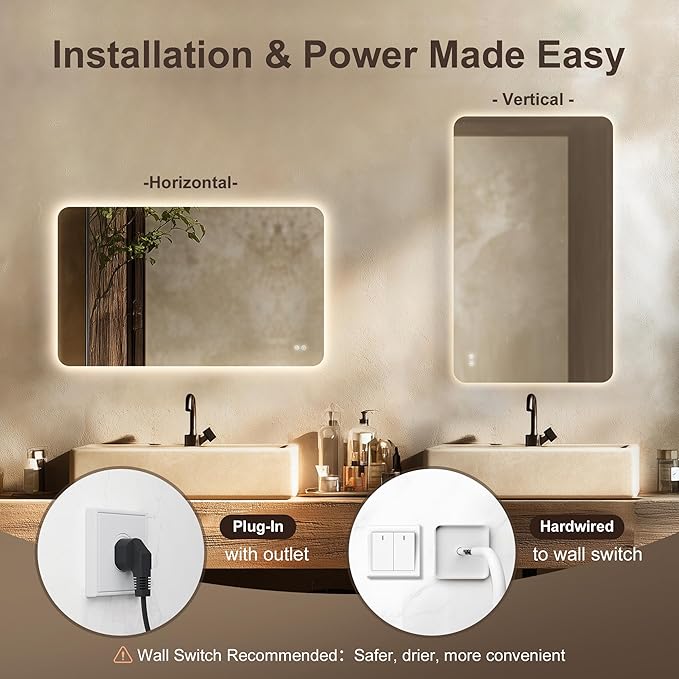 48''x36'' Lighted Mirrors for Bathroom Wall Backlit Rectangular Rounded Corners, LED Bathroom Mirror Frameless with Lights Anti Fog, Dimmable, 3 Colors,Tempered Glass, Shatter-Proof (Color 2)