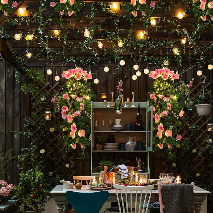 RECUTMS Hanging Flowers Artificial Rose Flower 2PCS 3.3Ft for Outdoors with 30 LED Fairy String Lights Fake Outdoor (Pink)