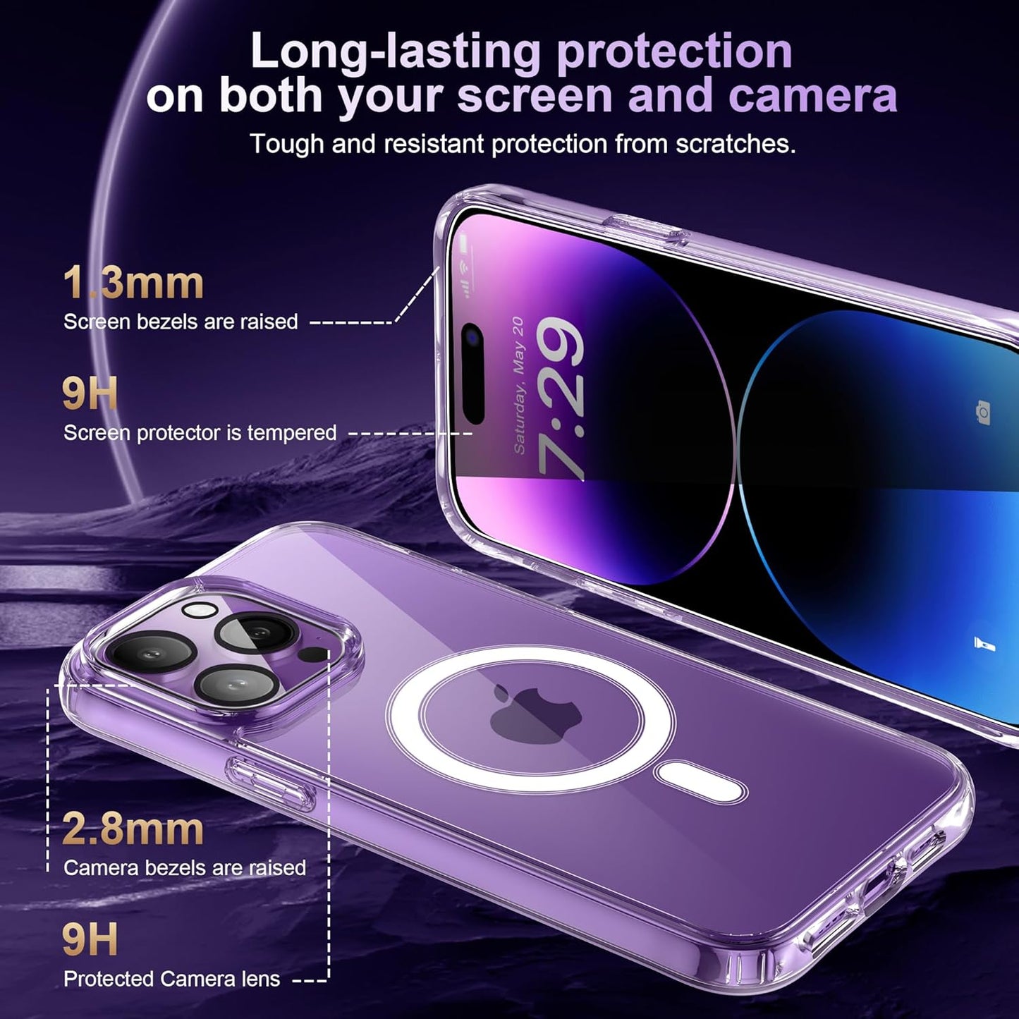 for iPhone 14 Pro Max (5 in 1) MagSafe Shockproof Anti-Drop Cover Case with Anti-Spy Glass Screen Protector, Clear
