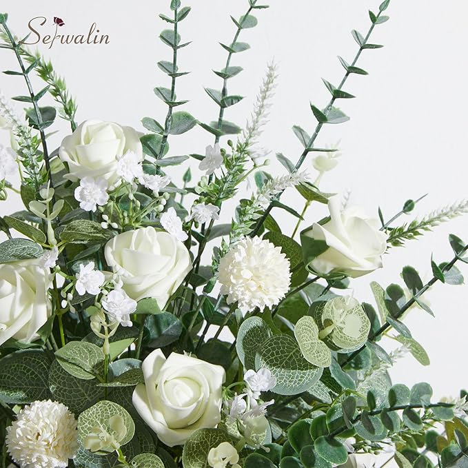 Serwalin 100 Pcs 7 Kinds Mixed Artificial Eucalyptus Leaves Stems Bulk with Flowers Faux Silver Dollar Eucalyptus Stmes Greenery Branches for Wedding Floral Arrangement Centerpieces Home Decor