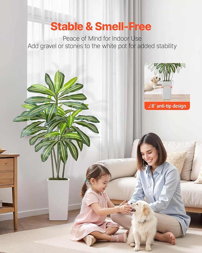VEVOR Artificial Dracaena Tree 5 ft, Fake Palm Tropical Plants with White Tall Planter, Faux Floor Silk Plant in Pot, Large Trees for Home Office Living Room Decor House Warming, Indoor Outdoor