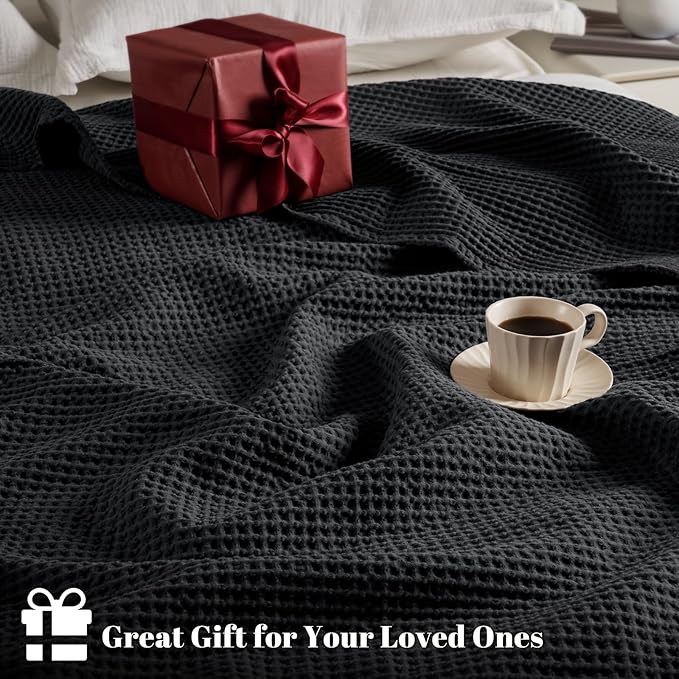 PHF 100% Cotton Waffle Weave Blanket Queen Size 90"x90" - Lightweight Washed Soft Breathable - Perfect Layer for Couch Bed Sofa - Elegant Home Decoration Gift - Black