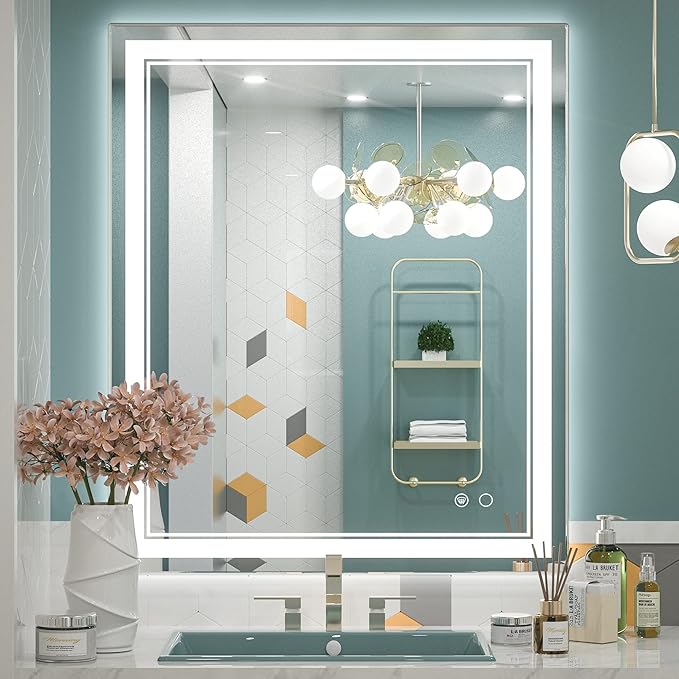 Keonjinn LED Bathroom Mirror, Lighted Vanity Mirror with Lights, 30 x 36 Inch, Dimmable, Anti-Fog, IP54, 6000K, Wall Mounted