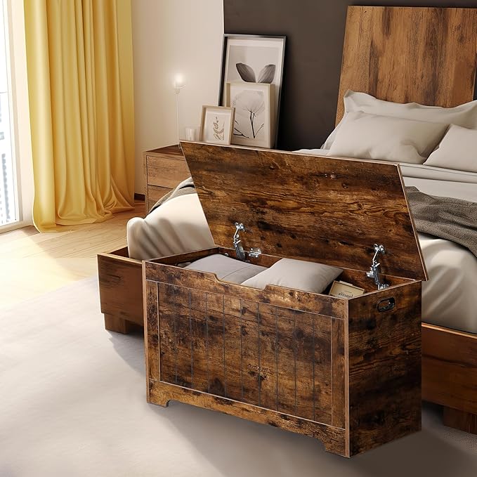 Storage Chest, Wooden Storage Bench with Flip-top Lid & Safety Hinge, Storing Trunk for Entryway, Living Room, Bedroom, Rustic Brown