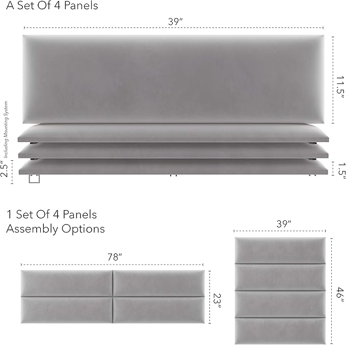Vänt Upholstered Wall Panels - King/Cal King Size Wall Mounted Velvet Headboards - Velvet Platinum Grey - Twin/King - Set of 4 Panels (Each Individual Panel 39"x11.5")