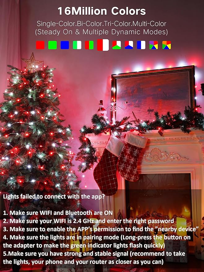 BrizLabs Smart Fairy String Lights, 66ft 200 LED WiFi RGB Christmas Fairy Lights App Control, Dimmable Rainbow Christmas Lighting, Music Sync Xmas Decorative Lighting Work with Alexa & Google Home