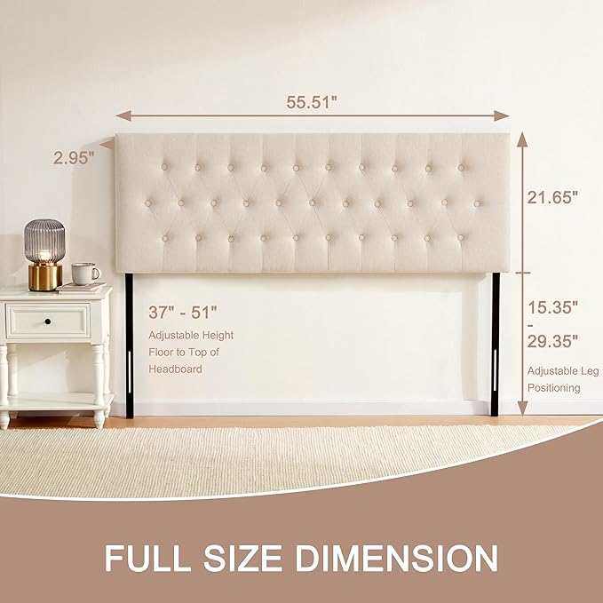Tufted Upholstered Headboard Full Size, Solid Wood Head Board with Durable Metal Legs, Adjustable Height Full XL headboard from 37” to 51” Fabric Headboard in Modern Button Design, Beige