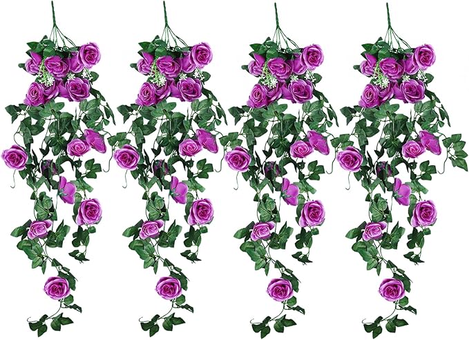 RECUTMS Artificial Hanging Rose Plants Fake Flowers Vines Wall Décor House Garden Patio Front Porch Indoor Decor (Purple)