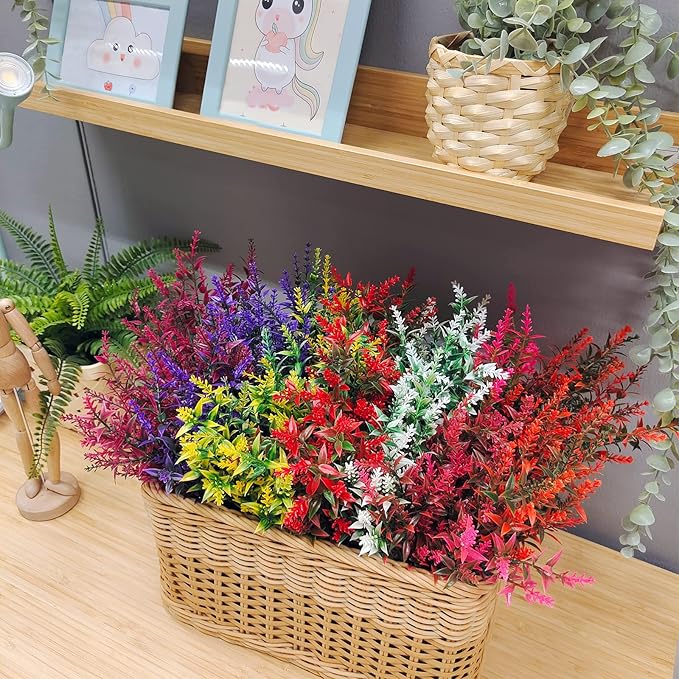 21 Bundles Faux Plants Outdoor Fake Flowers Artificial Flowers Fake Shrubs Greenery Bushes Bouquet UV Resistant Faux Bushes Plastic for Home Garden Decor (7 Colors)