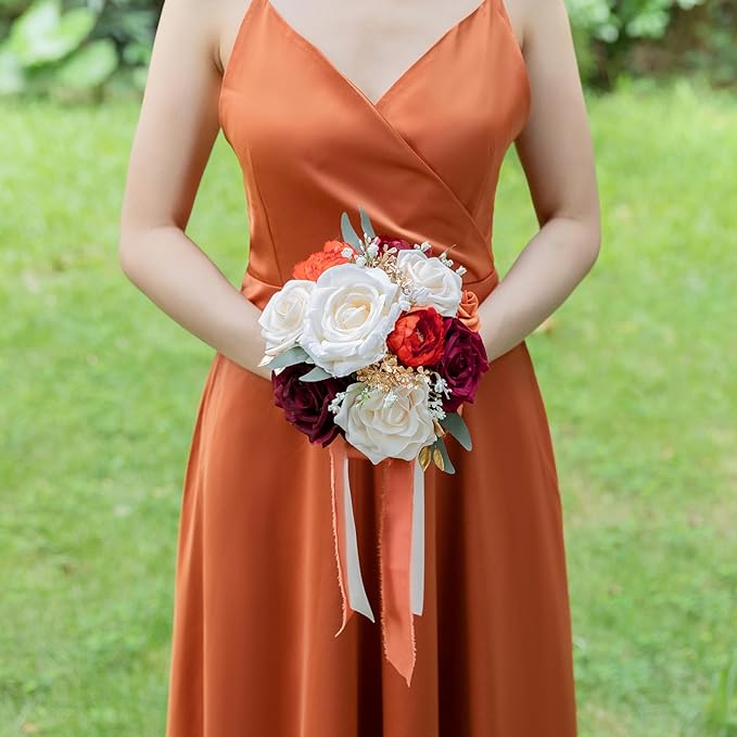ponatia Burnt Orange Wedding Bouquets for Bride Bridesmaid, Artificial Burgundy Prom Flowers Bouquet for Weddins, Ceremony, Anniversary, 7 Inches