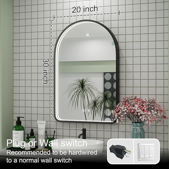 20x30 Inch Arched LED Bathroom Mirror with Lights, Adjustable 3000K/4500K/6000K, Wall Mounted Black Frame Lighted Bathroom Vanity Mirror, Anti-Fog, Dimmable, Memory Function