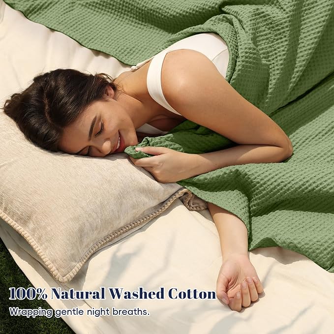PHF 100% Cotton Waffle Weave Blanket King Size for Bed,Snag Proof Lightweight Breathable Moisture-Wicking Throw for Couch,Great for Layering in Cold Weather,Machine Washable,Home Decor-Loden Green