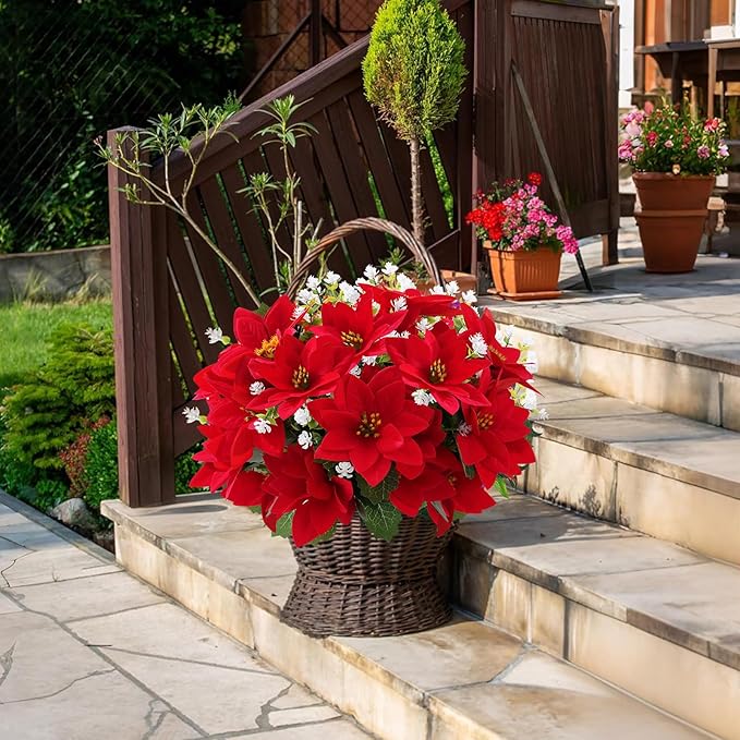 Artificial Flowers for Outdoors Red Christmas Poinsettia Flowers 12 Bundles Mixed Fake Plants UV Resistant Faux Flowers for Outdoor Planters Garden Porch Patio Home Winter Decor