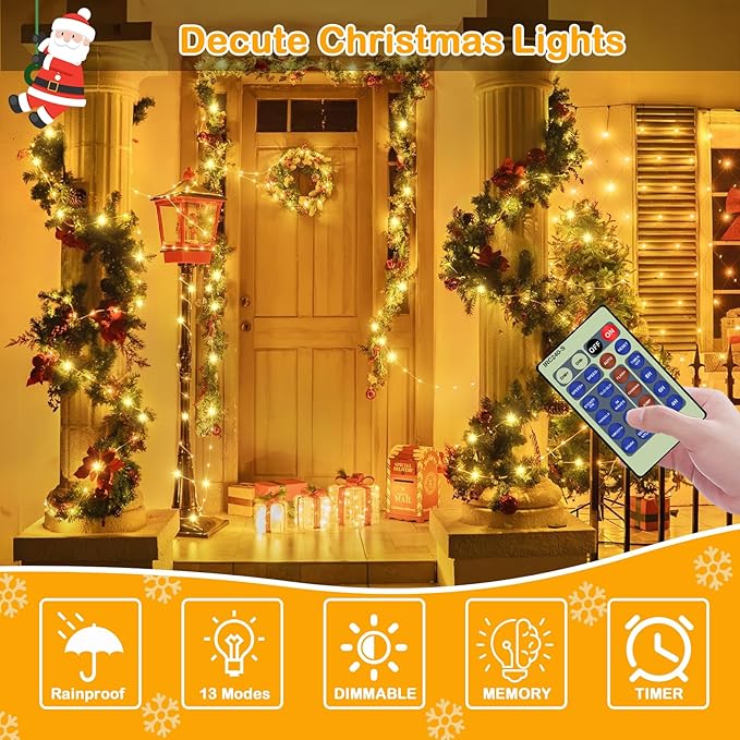 Decute 300Led 99FT Copper Wire Christmas Fairy String Lights Dimmable with Remote Control Starry Lights with UL Cerficated Decorative for Party Wedding Bedroom Yard Christmas Tree Warm White