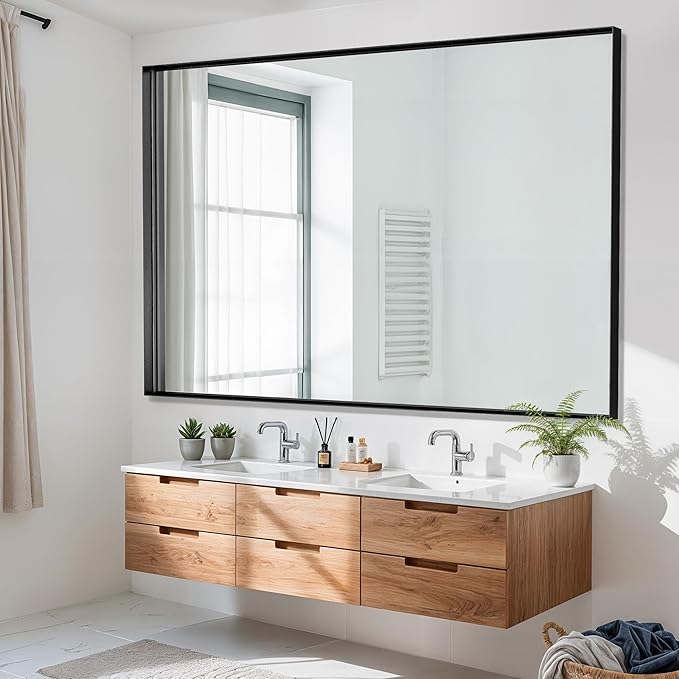Suidia Bathroom Mirror, 60" x 40" Wall Mirror Metal Framed, Bathroom Vanity Mirror for Living Room Bedroom Bathroom Entryway, Black, Rect Corner Style