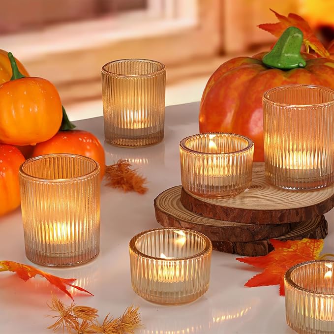 20pcs Ribbed Gold Votive Candle Holders, Assorted Tea Light Candle Holder Glass for Wedding Table Decor, Gold Candle Holders for Table Centerpieces, Diwali, Brithday, Party and Holiday Decor