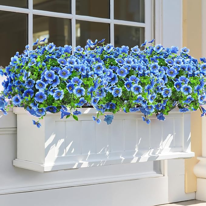 Ouddy Decor 24 Bundles Artificial Flowers for Outdoors Fake Silk Flowers UV Resistant Faux Plastic Plants for Spring Summer Garden Porch Window Box Table Vase Home Indoor Outdoor Decoration, Blue