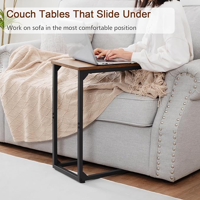 AMHANCIBLE C Shaped Side Table, End Tables Living Room Set of 2, Slide Under Couch Table for Sofa, TV Trays for Bedroom, Small Space, Rustic Brown HET02CBR