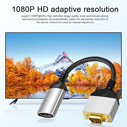HDMI to VGA Adapter Cable 8 inch Uni-Directional Only,Gold-Plated 1080p@60Hz HDMI Female to VGA Male Braided Cord for PC,Laptop,Monitor,HDTV, Roku, Xbox, PS5