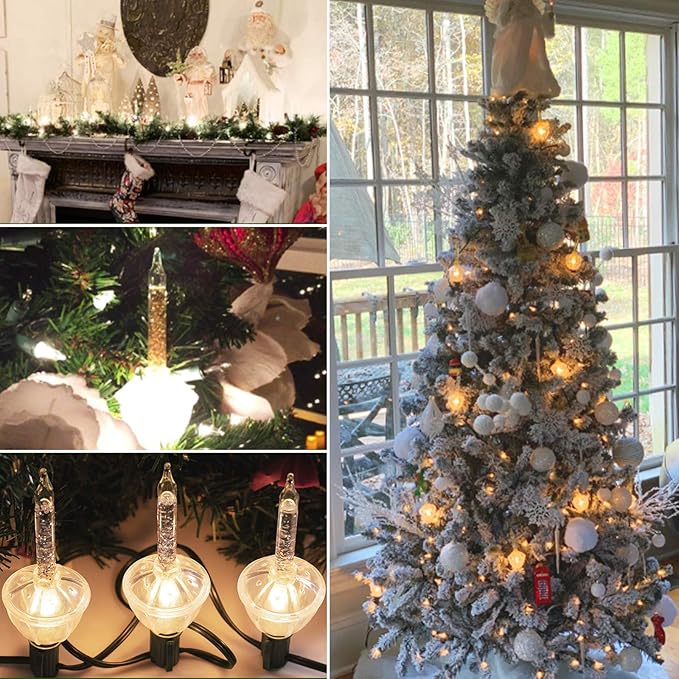 Christmas Bubble Lights - UL Listed 9 Traditional Clear Bulbs with Silver Glitter for Holiday Christmas Celebrations Lighting, Green Wire