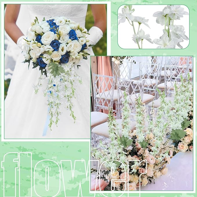 24 Pcs White Delphinium Artificial Flower 35.4'' Long Larkspur Stem White Fake Faux Silk Flowers Bulk for Tall Vase Floral Arrangements Home Centerpiece Table Wedding Decor