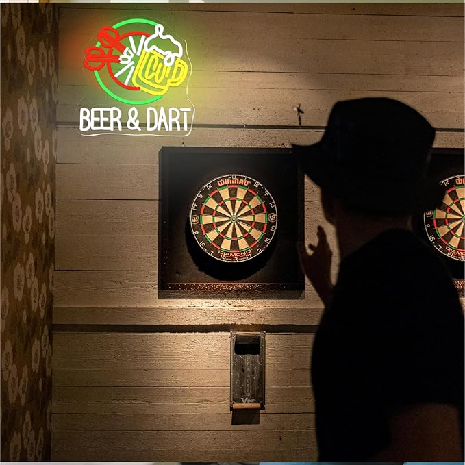 Beer & Dart Neon Sign – Fun Bar Wall Light with Dartboard and Beer Mug Design LED Decor for Game Room, Pub, or Man Cave, USB Powered, 5V/2A，Dimmable