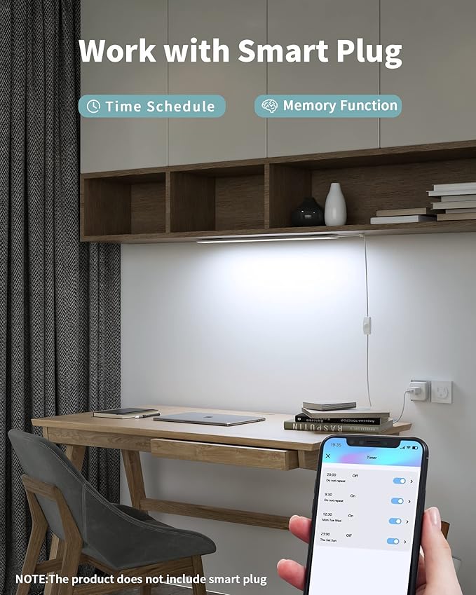 ASOKO Under Cabinet Light, Upgrade 16inch LED Closet Light with Dimmable 6000K Cool White and Memory Function, Plug-in Under Counter Lights for Kitchen/Desk/Shelf/Workbench/Display Case/Room