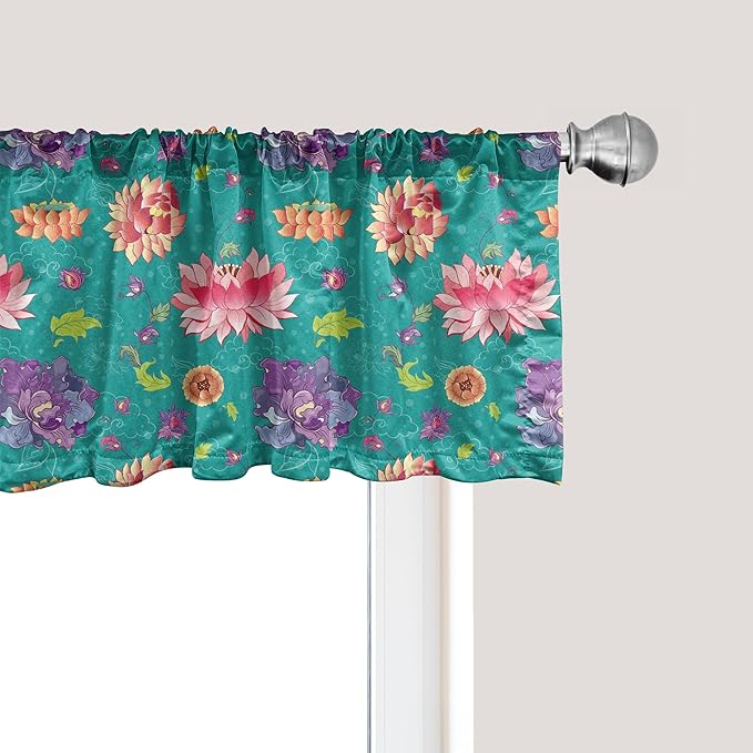 Ambesonne Floral Window Valance, Pattern with Lotus Flowers Peonies and Chrysanthemums Oriental Motifs Garden Art, Curtain Valance for Kitchen Bedroom Decor with Rod Pocket, 42" x 12", Teal