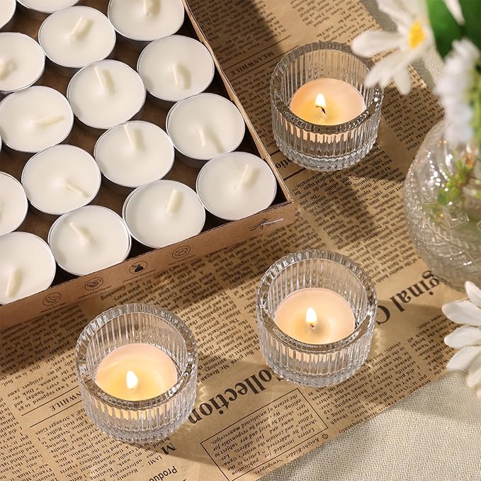 12Pcs Clear Votive Candle Holders with 20pcs Tea Light Candles, Ribbed Tealight Candle Holder Glass for Wedding Table Centerpiece, Home Decor, Party Decor