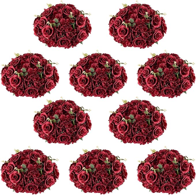 NUPTIO Flower Balls for Wedding Centrepieces - 10 Pcs 15.7 inch Diam Large Burgundy Artificial Flowers Roses Ball Fake Flower Arrangement Bouquet Faux Rose for Wedding Party Centrepiece Decorations