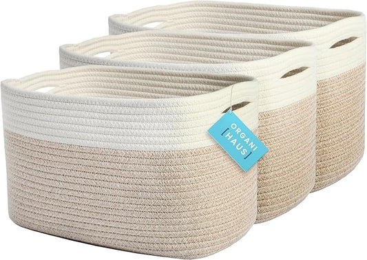 OrganiHaus Set of 3 Rope Baskets for Organizing, Cotton Rope Basket, Shoe Basket Organizer, Decorative Storage Baskets, Toy Bins, Woven Baskets for Storage, Shelf Baskets for Organizing - Light Honey