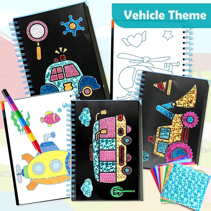 FUNNYB&G Foil Art Craft Activity for Kids - Gift for Boys Crafts for Kids Fun Art Supplies DIY Creative Travel Toy, Birthday Gift Party Favor Toys for Girls Boys 4 5 6 7 8 9 Years Old (Vehicle)