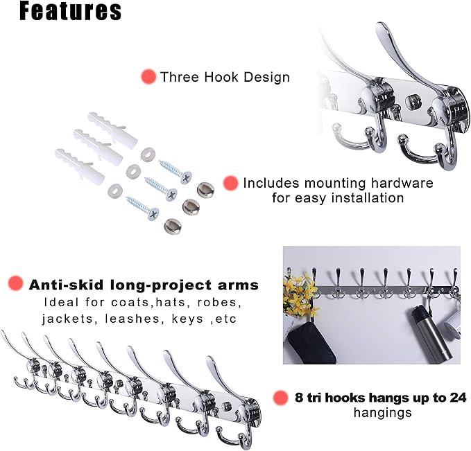Dseap Coat Rack Wall Mount - 29.5” Long 8-Tri-Hooks Heavy Duty Coat Hanger Rail Wall Hooks for Hanging Coats Hats Clothing Clothes Purse Mudroom Entryway, Chromed, Pack of 2