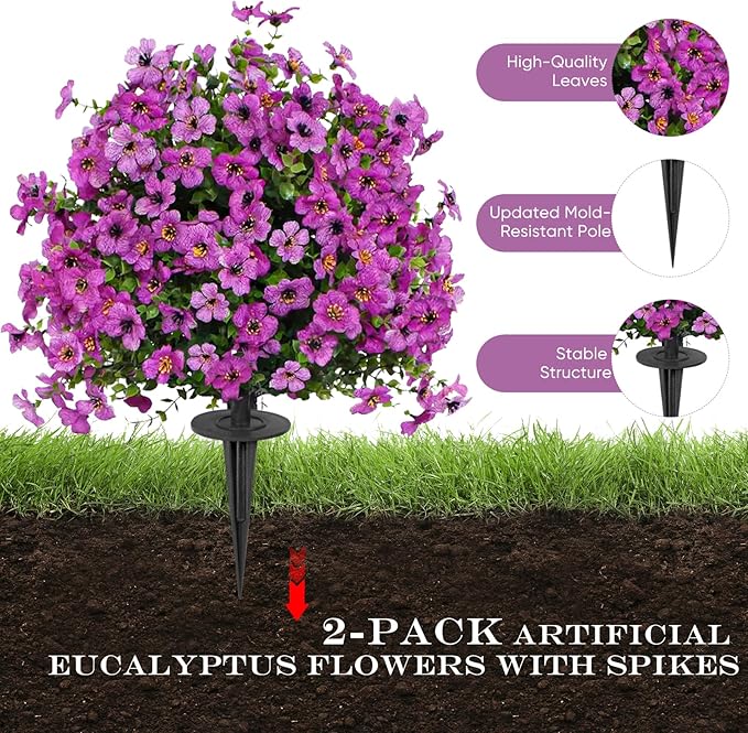 23" Set of 2 Artificial Boxwood Topiary Ball with Violet Flowers with Spikes for Outdoor, UV Resistant Faux Greenery Shrubs, Realistic Fake Bushes Plants for Garden, Yard, Front Porch, Patio Decor