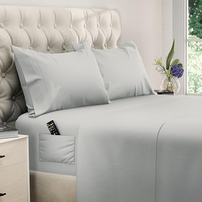 DREAMCARE California King Sheet Sets – 4 pcs Cooling Sheets – up to 21” Deep Cal King Sheets – Hotel Luxury Pillowcases – Superior Softness 100% Fine Microfiber with Side Pocket – Light Gray