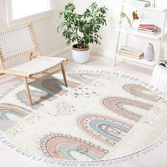 Round Boho Rug Scandinavian Cartoon Rainbows with Clouds Flowers and Stars in Pastel Area Linen Carpet Patio Hallway Runner Mat Pad Minimalist Home Decor for Living Room Outdoor, 3 ft