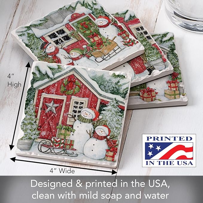 Thirstystone Snowman's Farmhouse 4 Pack Assorted Tumbled Tile Stone Coasters with Protective Cork Backing 4" Square Manufactured in The USA