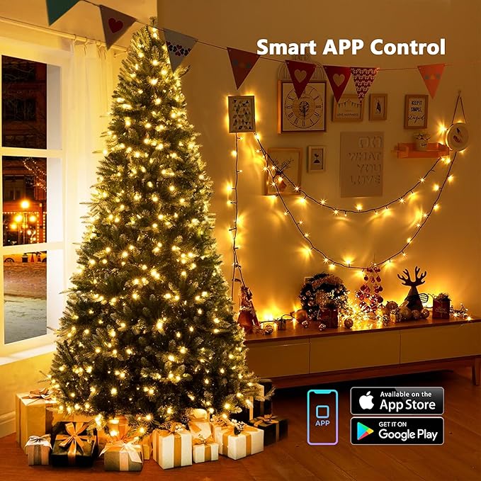 BrizLabs Smart Christmas Lights, 66FT 200 LED Warm White Christmas Fairy Lights with App/Voice Control, Multiple Modes with Playlist Function, Dimmable Light String, Music Sync Party Light Green Wire
