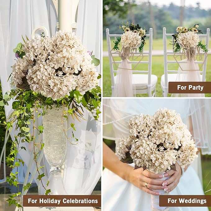 Artificial Flower Fake Silk Hydrangea Heads Bouquet with Stems Bulk for Fall Decoration Table Center Christmas Indoor Outdoor Faux Floral Realistic with Leaves Plants Crafts 8PCS(White)