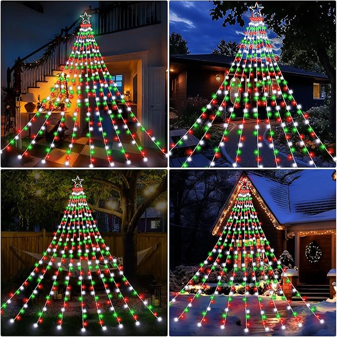 FUNIAO Outdoor Christmas Decorations Star Lights, 320 LED Hanging Twinkle Fairy String Lights Outside Tree Decoration Lights for Christmas, Yard, Garden, New Year (Plastic Star-Red White Green)