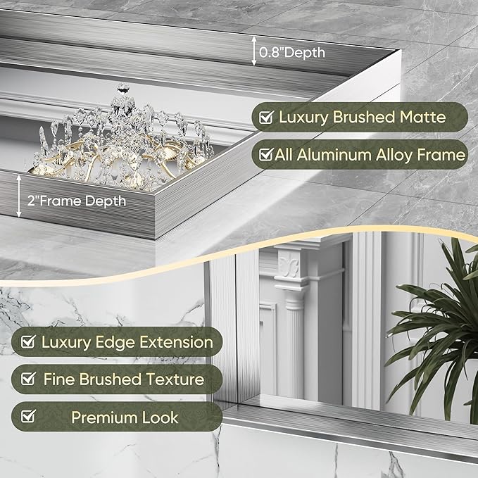 Suidia Bathroom Mirror, 60" x 36" Wall Mirror Metal Framed, Bathroom Vanity Mirror for Living Room Bedroom Bathroom Entryway, Silver, Rect Corner Style
