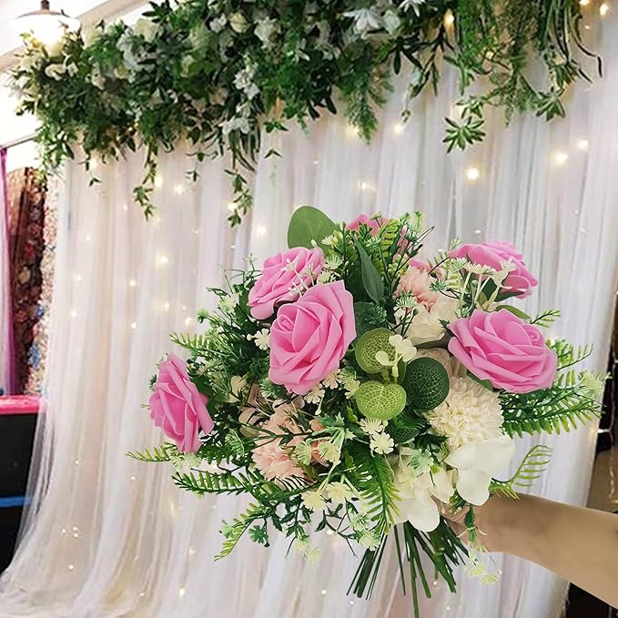 Artificial Flowers 25pcs Fake Roses, Rose Pink Foam Faux Flower for DIY Wedding Bouquets Bridal Shower Centerpieces Floral Arrangements Home Decorations Party Backdrops Table