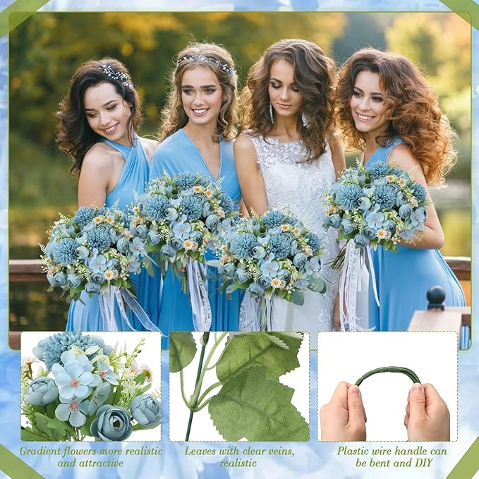 Tigeen 12 Bundles Peonies Artificial Flowers Faux Roses Silk Flowers Hydrangea Artificial Bouquet for Wedding Table Centerpiece Floral Vase Home Office Bridal Decor (Mist Blue)
