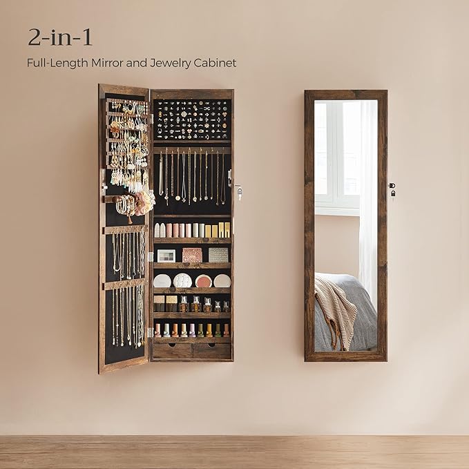 SONGMICS 6 LEDs Mirror Jewelry Cabinet, 47.2-Inch Tall Lockable Wall or Door Mounted Jewelry Armoire Organizer with Mirror, 2 Drawers, Christmas Gift, 3.9 x 14.6 x 47.2 Inches, Rustic Brown
