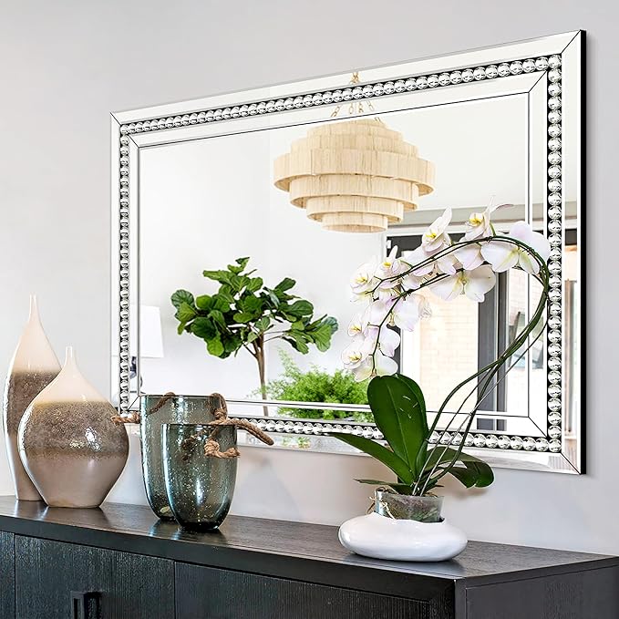 Rectangular Large Decorative Mirror for Decor, 28" X 40" Living Room Wall Mirror with Crystal Glass Frame, Beveled Unique Glamourous Elegant Design, Bathroom, Entrance, Bedroom Decor